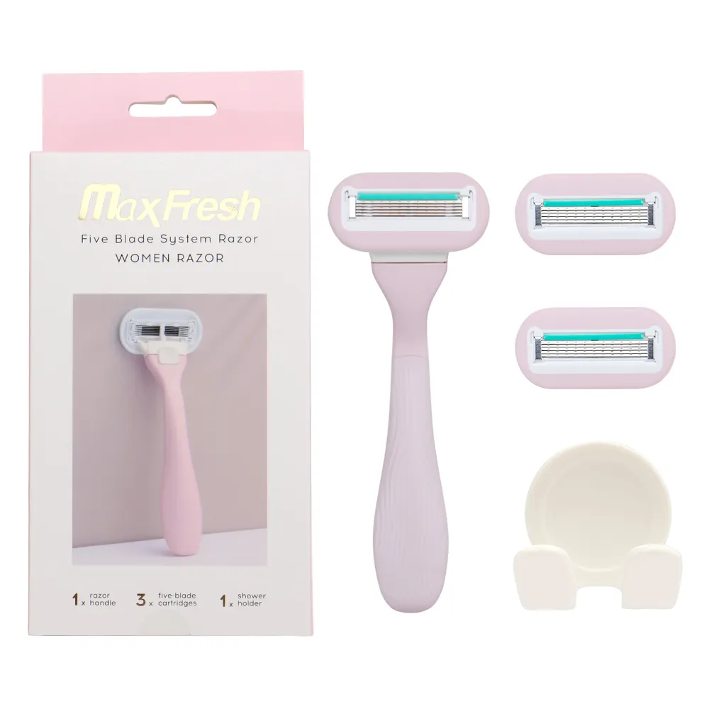 Five blade system razor for women wet&dry two use shaving razor with long rubber handle