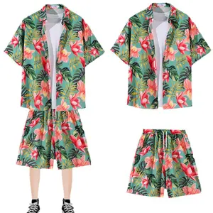 Conjunto de shorts de praia com estampa floral havaiana, camisa casual com palmeira e flores, camisas Aloha de manga curta para homens, personalizado de verão