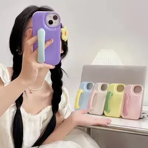 INS Macaron Color Handle Phone Case Girls Silicone Soft Cover Shockproof Phone Holder Case for iPhone 15 Pro 14 13 12 11 XS Max