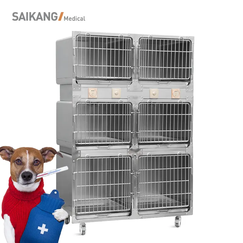 SK-PC01 304 Stainless Steel Enam Pintu Temperatur Kontrol Peralatan Kedokteran Hewan Peternakan Hewan Pet Cage dengan Roda