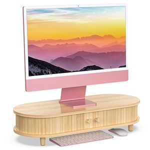 Soporte <span class=keywords><strong>de</strong></span> Monitor <span class=keywords><strong>de</strong></span> Bambú con Almacenamiento, Soporte Curvo para Computadora Portátil, Organizador <span class=keywords><strong>de</strong></span> Escritorio con Puertas Corredizas - Product Image 1