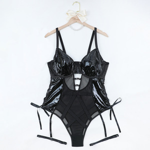 Completo intimo sexy da donna taglie forti in pizzo trasparente con lacci laterali regolabili, body teddy e reggicalze, set 2 pezzi a compressione leggera - Product Image 5