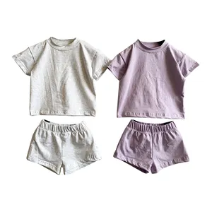 Wholesale Baby Kids Summer Oversized Solid Color Tees and Bike Shorts Boys Girls Neutral Cool 2pcs Clothing Sets