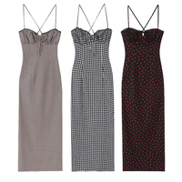 Robe midi à bretelles pour femme, nouvelle collection été 2026, coupe ajustée, col en V, petit carreaux 4745039