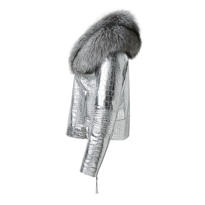 Chaqueta de Motociclista de Piel de Oveja Genuina para Mujer, con Estampado de Cocodrilo, Cuello de Piel de Zorro y Mapache, para Invierno - Product Image 2