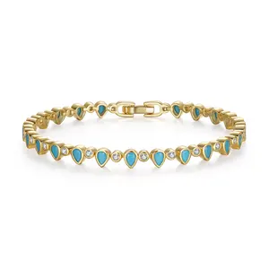 SB181 RINNTIN 14K Gold Plated Bracelets Women 925 Silver 4*3mm Pear Cut Turquoise Bezel Setting Tennis Bracelet Jewelry