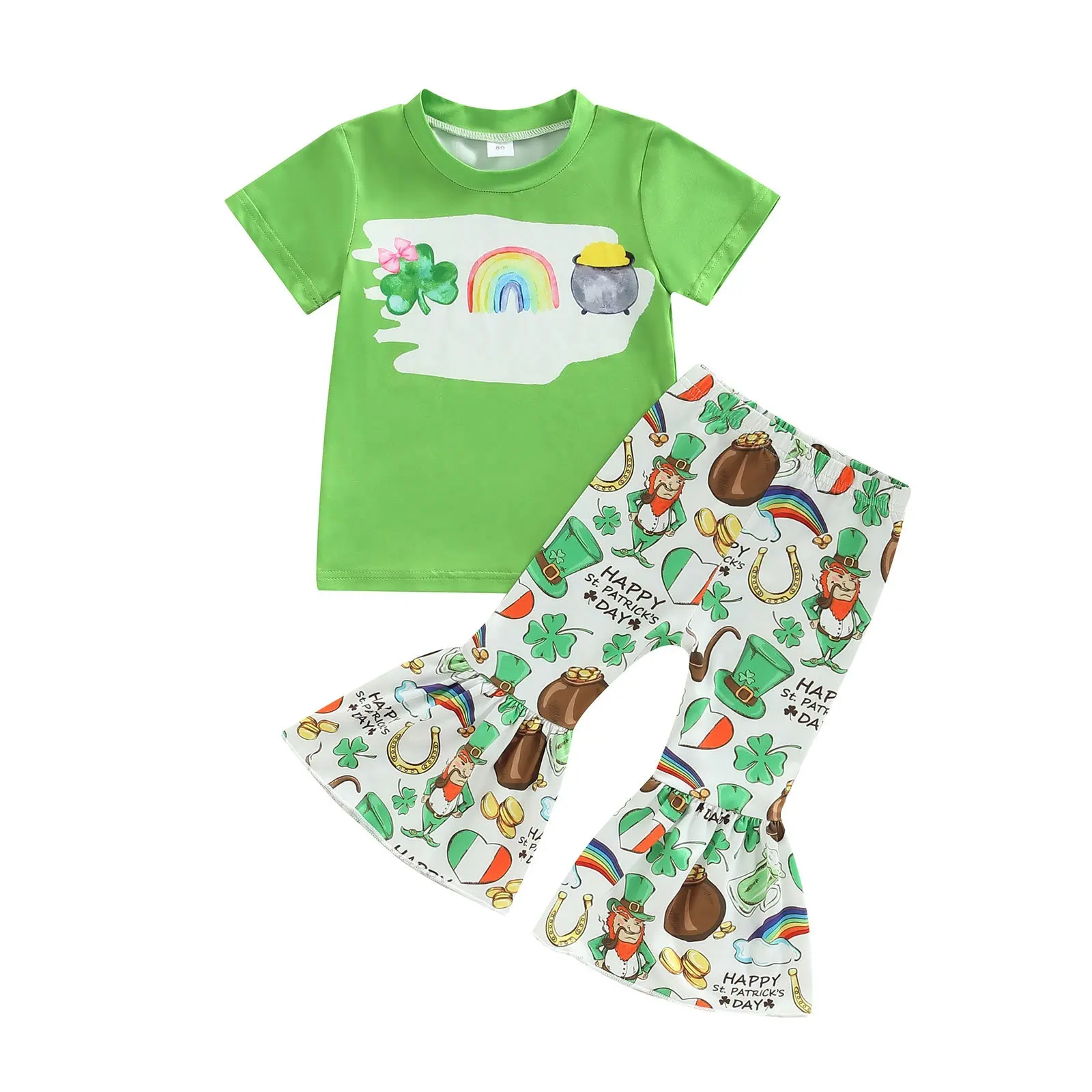 Kinder St. Patrick's Day Kleidung Mädchen vier blättrigen Kleeblatt Kurzarm T-Shirt und Schlag hosen grüne Sets