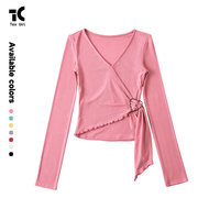Hauts enveloppants pour femmes, style Coquette, pour Pilates, Ballet, Yoga, mignons, à manches longues, respirants, coupe ajustée, col en V, pour l'entraînement