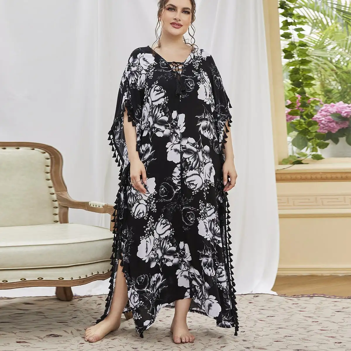 Pyjama ample imprimé manches courtes, grande taille, moyen-orient, dubaï, chemise de nuit arabe, jupe longue, vêtements musulmans pour femmes