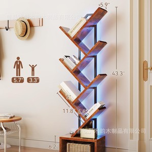 Muyun Wood Products Wooden <b>Tree</b> Bookshelf With <b>Led</b> <b>Lighting</b> For Living Room Bedroom Home Office Retro Style Storage Shelf - Product Image 3