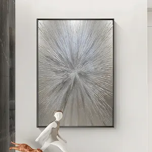 Linha pintada à mão de prata abstrata de ouro, grossa texturizada moderna abstrata artesanal pintura a óleo em lona, 100%