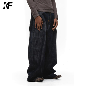 XUFEI Jeans Originali Vintage Design OEM Personalizzati da Uomo, Gamba Larga e Vestibilità Ampia, Denim Grezzo Giapponese Nero con Orlo a Saia - Product Image 2