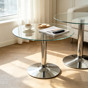 Table basse moderne ronde en verre trempé avec base en acier inoxydable, pour salon, hôtel, table centrale de canapé - Product Image 4