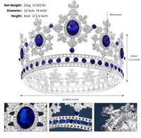 Mahkota Ratu Kristal Rhinestone Biru Tua Royal Grosir, Mahkota Kontes Pria Bulat Penuh dari Paduan Logam