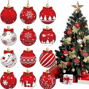 Ensemble de boules de Noël rouges et blanches en bois à suspendre, pour une ambiance festive et hivernale, décoration de Noël pour arbre 3-189 - Product Image 4