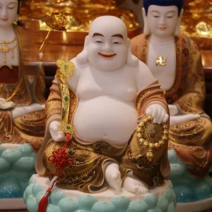 Bodhisattva Budhas Statues White Marble Jade Maitreya Buddha God of Wealth Buddhist Prayer Maitreya Statue Big Belly Buddha