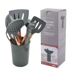 Silicone <b>Kitchen</b> <b>Utensils</b> Set With <b>Copper</b> Wooden Handle & Storage Bucket FDA Approved - Product Image 1