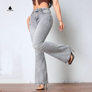 Pantalones Vaqueros Ajustados Elásticos para Mujer, Color Gris Claro, Estilo Campana, Personalizados, Cumplen con la Norma OEKO-TEX ISO 3758 y REACH - Product Image 1