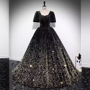 Black Sequined Ball Gown Empire Waist Scoop Neck Evening Dress Women Formal Party Wedding - Product Image 4
