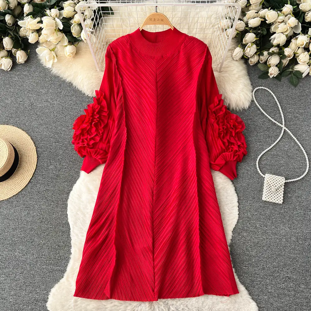 European Style Design Spring And Autumn Ruffle Bubble Sleeve Women'S Textured Loose Casual Dress