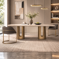 Table à manger rectangulaire de luxe en marbre artificiel durable, base double en acier au carbone, design moderne pour usage extérieur/intérieur, hôtels