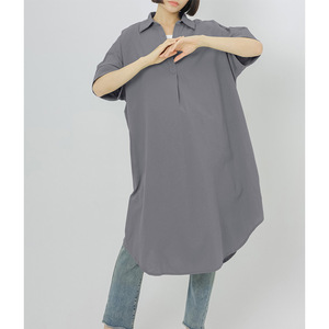 时尚纯色宽松V领女式连衣裙棉麻夏季上衣短袖大码OEM制造商 - Product Image 2