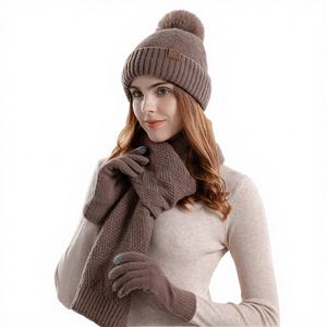 Winter Women's 100% Acrylic Heat-Transfer Printed Knitted Warm <b>Hat</b> & <b>Scarf</b> 3-Piece <b>Set</b> Windproof Medium Length Plain Style - Product Image 2