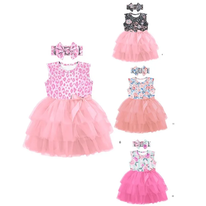 Wholesale Princess Flower Girls' Clothing Party Dress Pink Tutu Dress With Baby Headband And Bows