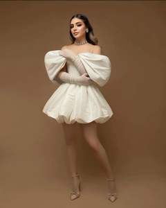 Ruolai WTH059 Vestido de Noiva Curto Sexy em Cetim Marfim Modelo Sereia com Mangas Bufantes Curtas e Ombros à Mostra - Product Image 3