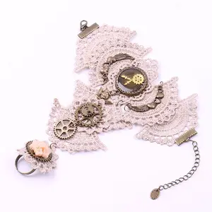 Gothic Lolita Retro Steampunk Gear Lace Slave bracciale Wristband Flower Ring