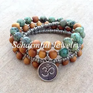NS20181127 Netual African Turquoise Stone And Wood Beaded Silver Plated Spacer Beads Yoga Om Charm Prayer Beads Necklace