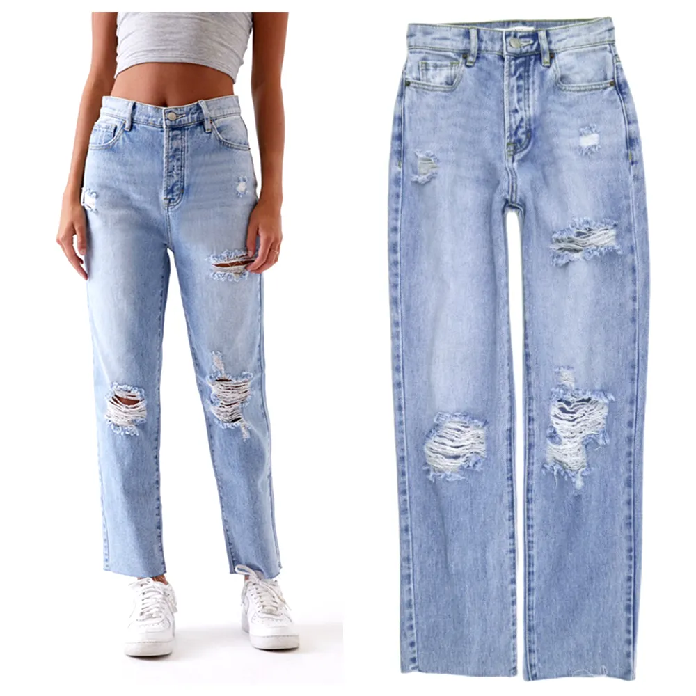 OEM Thiết Kế Mới Nóng Dưới Mỹ Phong Cách Nhà Máy May Phụ Nữ Cao-Tăng Đau Khổ Mẹ Jeans