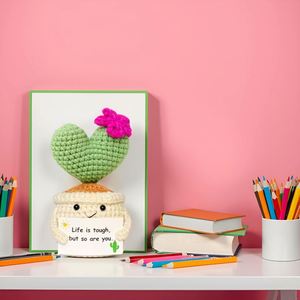 Handmade Crochet Cactus Plush Plant Gift with Encouragement Card Desk <b>Decor</b> Home Office Decoration for Friends Lover Party - Product Image 4