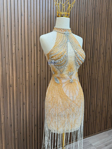 Robe moulante sans manches de luxe en tissu de soie avec franges et strass haut de gamme, style urbain, hiver, pour femme, du Vietnam - Product Image 6