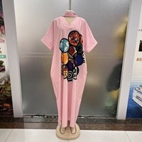 Vestido Boubou Africano Tradicional con Estampado a Rayas, Cuello en V, Holgado, Informal, para Uso Diario, Vacaciones, con Bolsillo para Pañuelo, Moda 2026