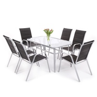 Table à manger rectangulaire et noire, meuble d'extérieur, Table en verre avec dossier haut, 7 pièces