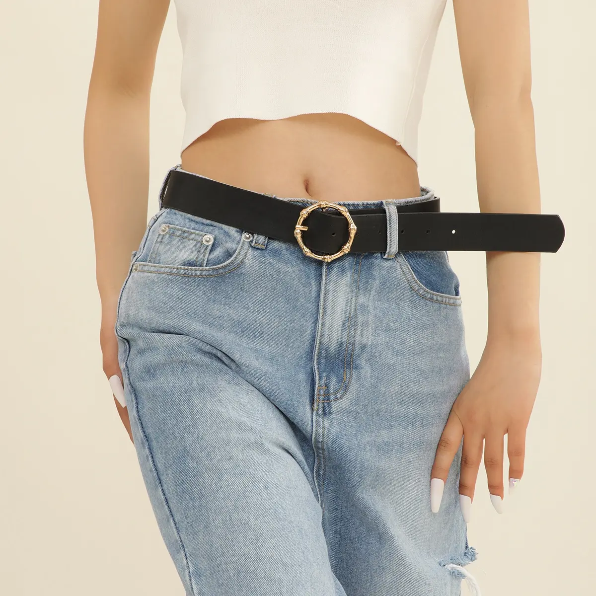 Cinturón de piel sintética con hebilla de hueso para mujer, personalizado de fábrica, de diseñador