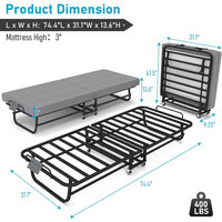 Lit pliant convertible moderne avec matelas en mousse à mémoire de forme de 3 pouces, cadre métallique peu encombrant et roulettes pour usage en chambre d'hôtel