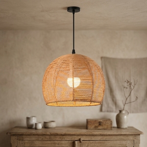 Handmade Rattan Woven Drum Pendant <b>Light</b> Boho Jute Rope Hanging Lamp for Living Room <b>Dining</b> Room Restaurant Decor - Product Image 5