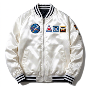 Chaqueta bomber de satén blanco con parches bordados de misiones espaciales y ribete a rayas - Product Image 1