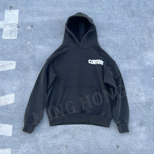 Personalizado negro francés Terry apliques parche bordado sin cordón pulóver Sudadera con capucha lavado ácido para hombres - Product Image 6