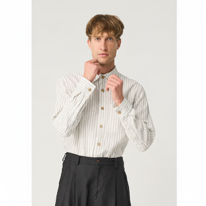 Camisa Oxford con cuello levantado informal de algodón 100% para hombre, camisa holgada de lino de manga larga con botones, estilo relajado teñido de hilo transpirable - Product Image 1