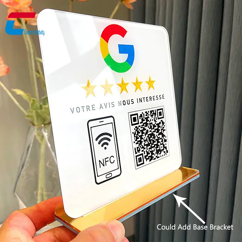 13.56mhz Nfc Google Review Sign Personalizado Qr Code Display Nfc Placa de Mídia Social Acrílica Google Review Nfc Placas