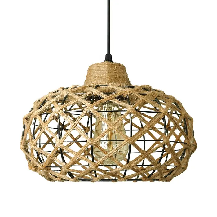 Luminárias com pingente de boho, luz rústica, feita de cânhamo, cesta, luz de pendurar em rattan, decoração retrô, para corredor e