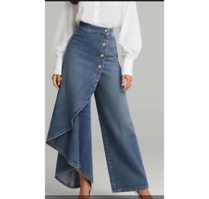 Nuovi <span class=keywords><strong>Pantaloni</strong></span> Slim Fit <span class=keywords><strong>a</strong></span> Gamba Larga in Denim Stampato con Bottoni, Stile Casual in Tinta Unita - Product Image 2