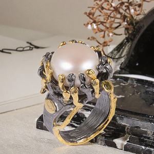 Perfect Vintage Baroque Button Pearl 925 Sterling Silver <b>Black</b> Wedding & Engagement <b>Ring</b> - Product Image 2