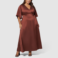 Robe décontractée grande taille pour femme, robe unie pour femme, robe longue modeste en soie personnalisée à manches courtes, col en V et devant noué