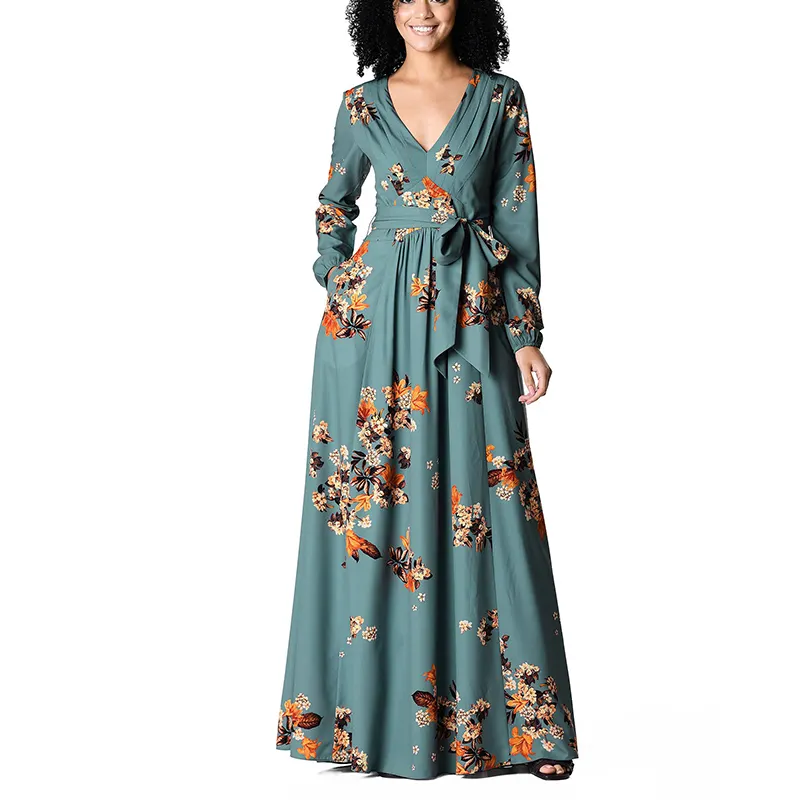 Excellent Quality Custom Flutter Floral Dress Long Sleeve Print Maxi Dress With Belt Classic Summer Holiday Casual Dress