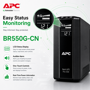 <span class=keywords><strong>APC</strong></span> <span class=keywords><strong>Back</strong></span> <span class=keywords><strong>UPS</strong></span> Pro BR550G CN Idéal pour le système de divertissement à domicile Fournit une batterie de secours pour la console de jeu TV et le routeur Internet - Product Image 1
