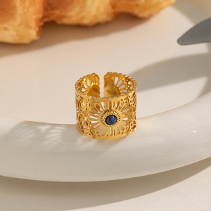 Bague ouverte en pierre naturelle pour femme, en acier inoxydable plaqué or 18 carats PVD, style vintage, luxe léger, réglable, large, pour le quotidien, cadeau - Product Image 5